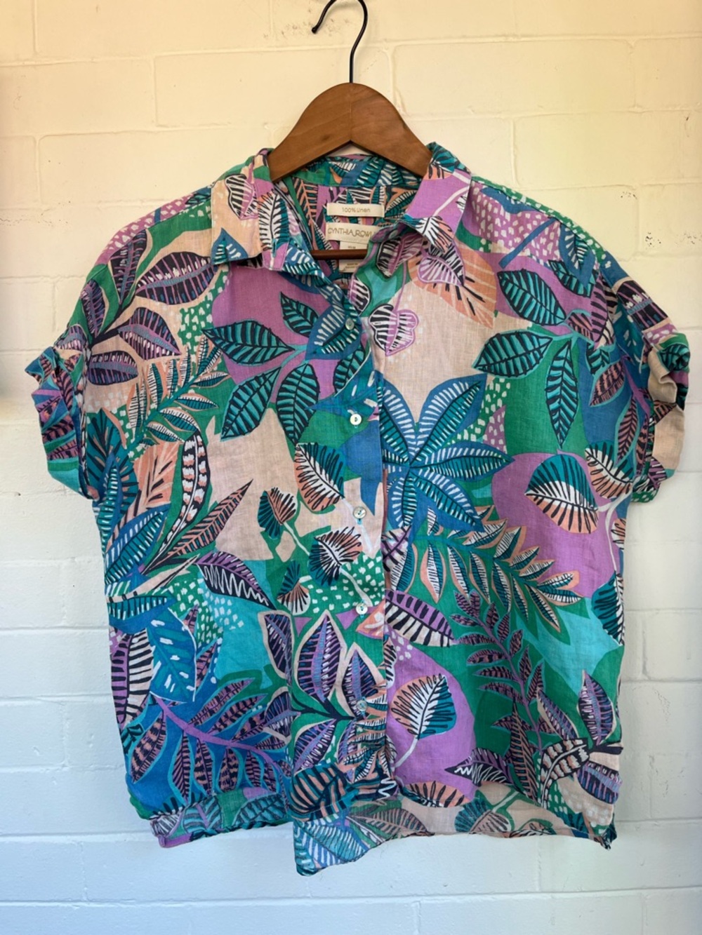 Cynthia Rowley Tropical Leaf Button-Down Shirt 100% Linen Size Medium